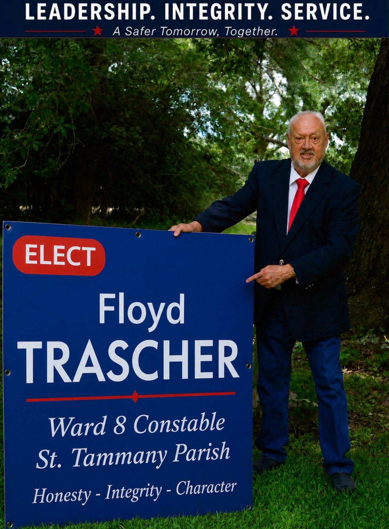 Floyd Trascher pointing to his campaign sign